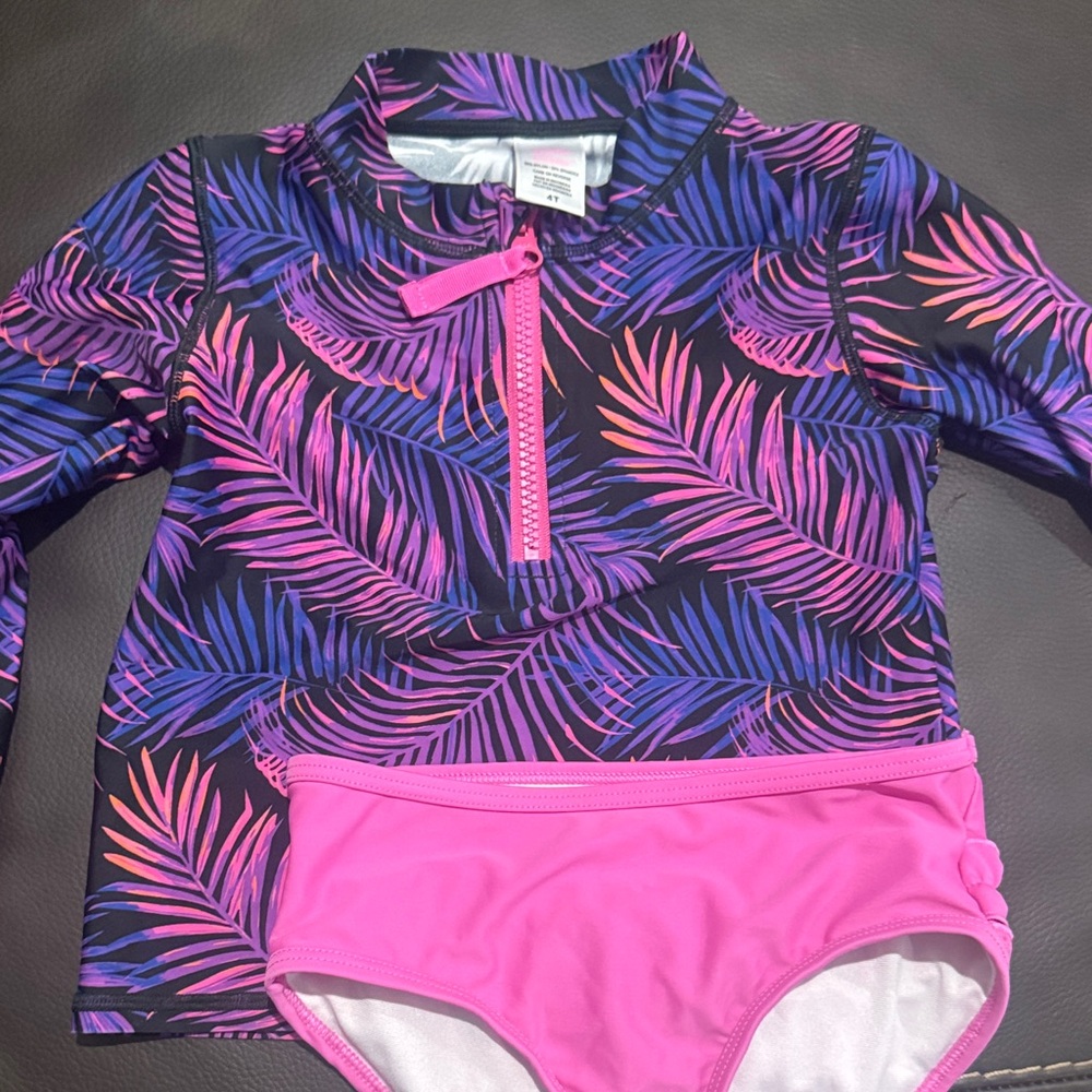 Tropical Leaf Kids Swim Set - Pink and Purple